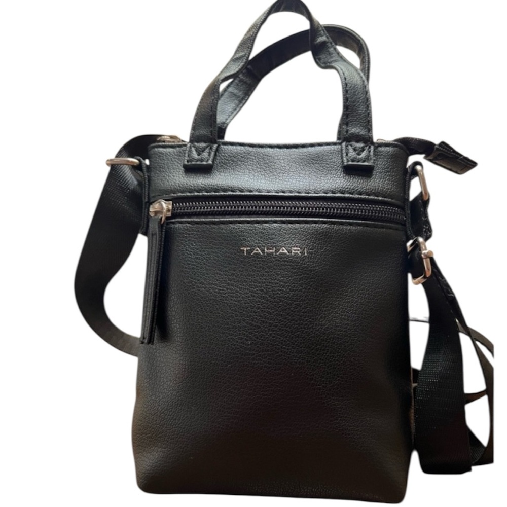Tahari Small Black Faux Leather Crossbody Mini Pebbled Top Handle Phone